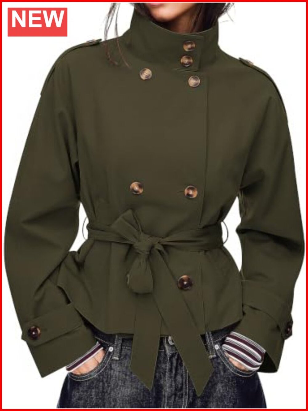 Cropped Trench Coat Double Breasted High Collar Short Jacket